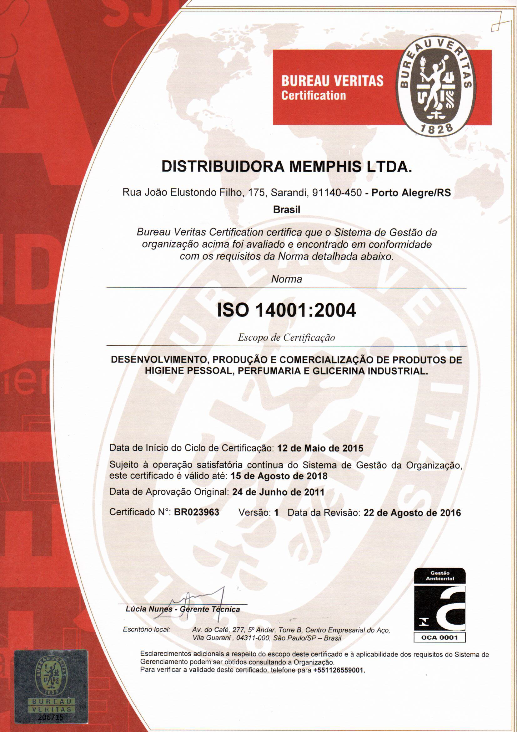 Transferência de certificado ISO 14001.